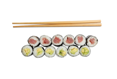 Set of delicious sushi rolls on white background, top view