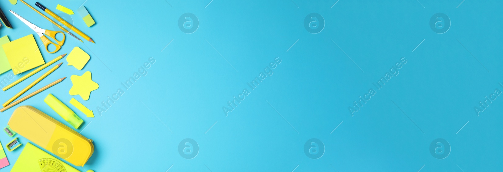 Image of Different stationery on light blue background, flat lay with space for text. Banner design