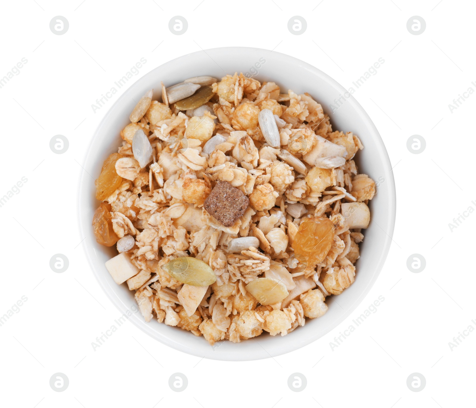 Photo of Granola in bowl on white background, top view. Healthy snack