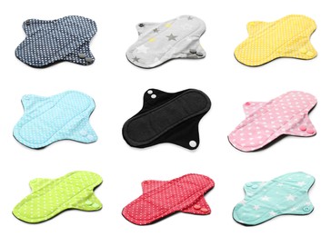 Image of Set with different cloth menstrual pads on white background 