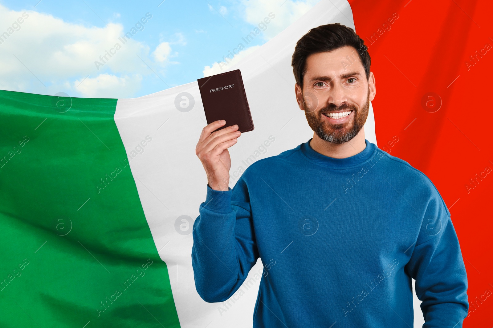 Image of Immigration. Happy man with passport and national flag of Italy against blue sky, space for text