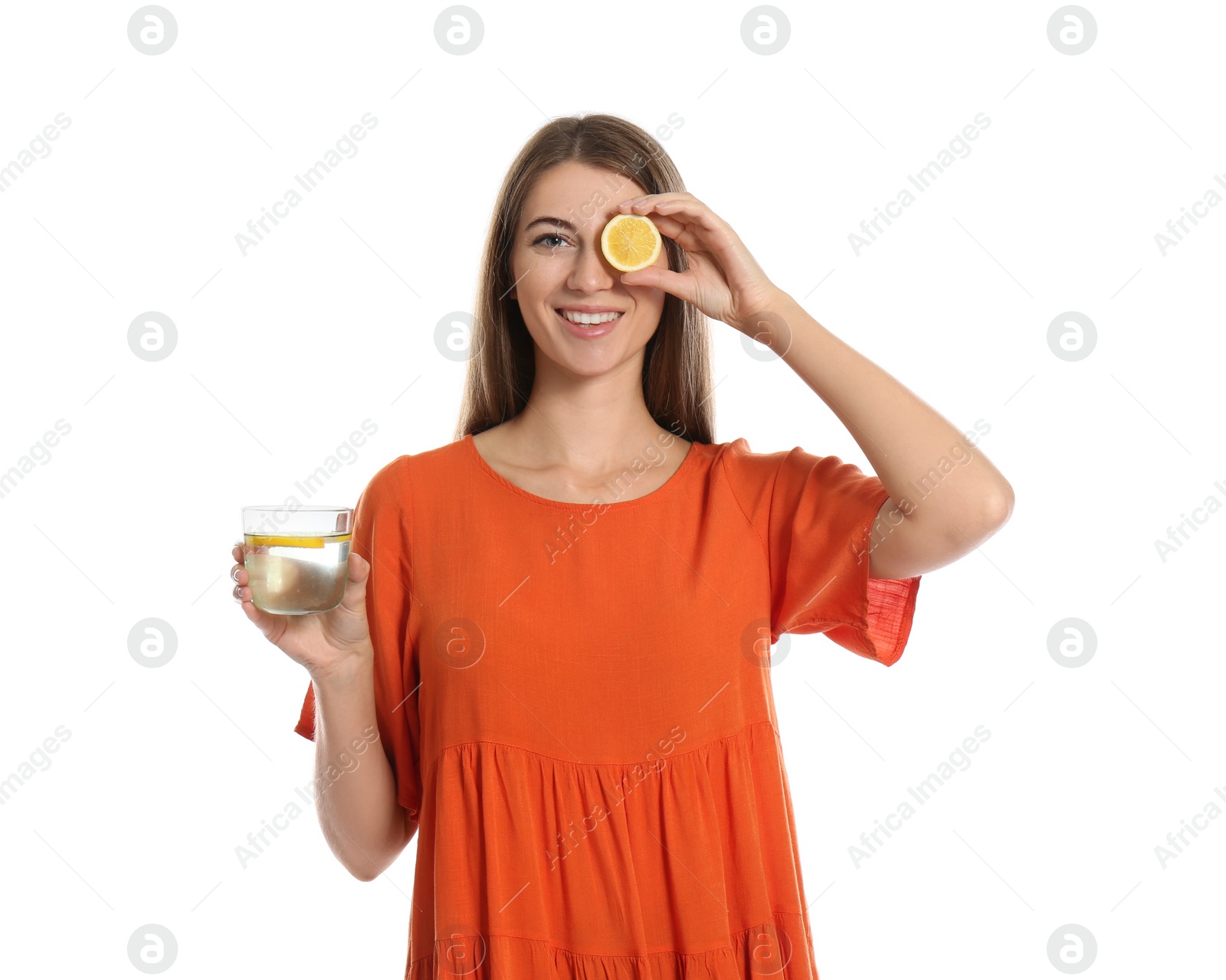 Photo of Young woman with glass of lemon water on white background