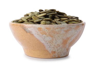 Photo of Shelled raw pumpkin seeds in bowl on white background