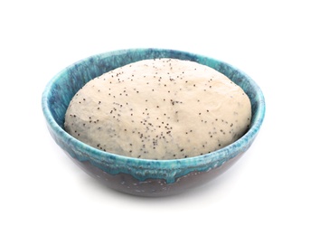 Photo of Raw dough with poppy seeds in bowl on white background