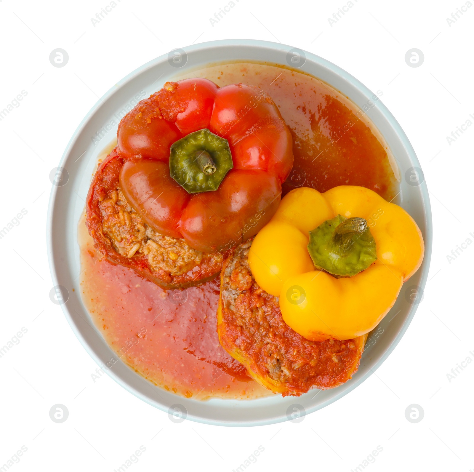 Photo of Delicious stuffed bell peppers isolated on white, top view