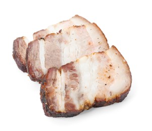 Photo of Slices of tasty baked pork belly isolated on white