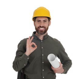 Photo of Architect in hard hat with drawing tube and draft showing OK gesture on white background