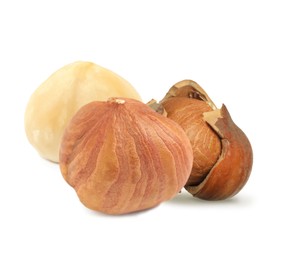 Tasty organic hazelnuts on white background. Healthy snack