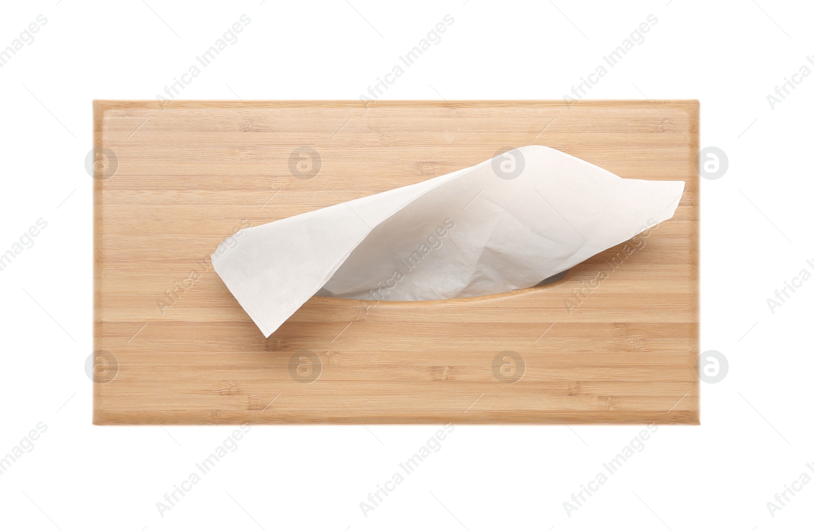 Photo of Wooden holder with paper tissues isolated on white, top view