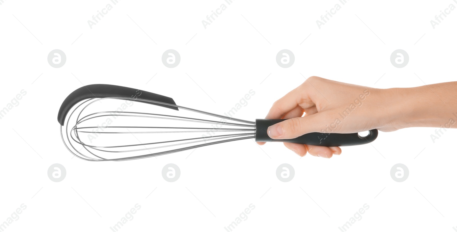 Photo of Woman holding metal whisk on white background, closeup