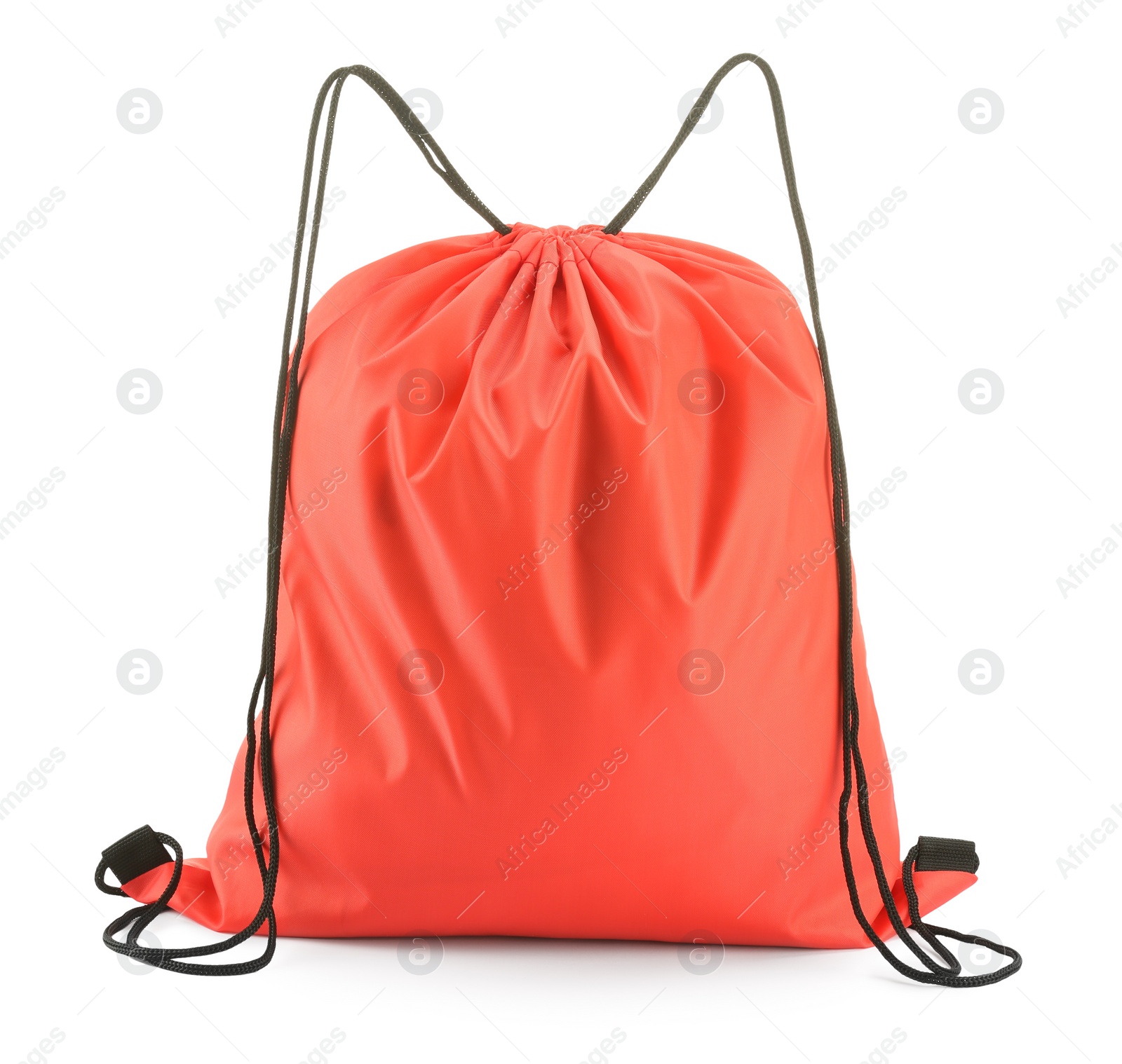 Photo of One red drawstring bag isolated on white