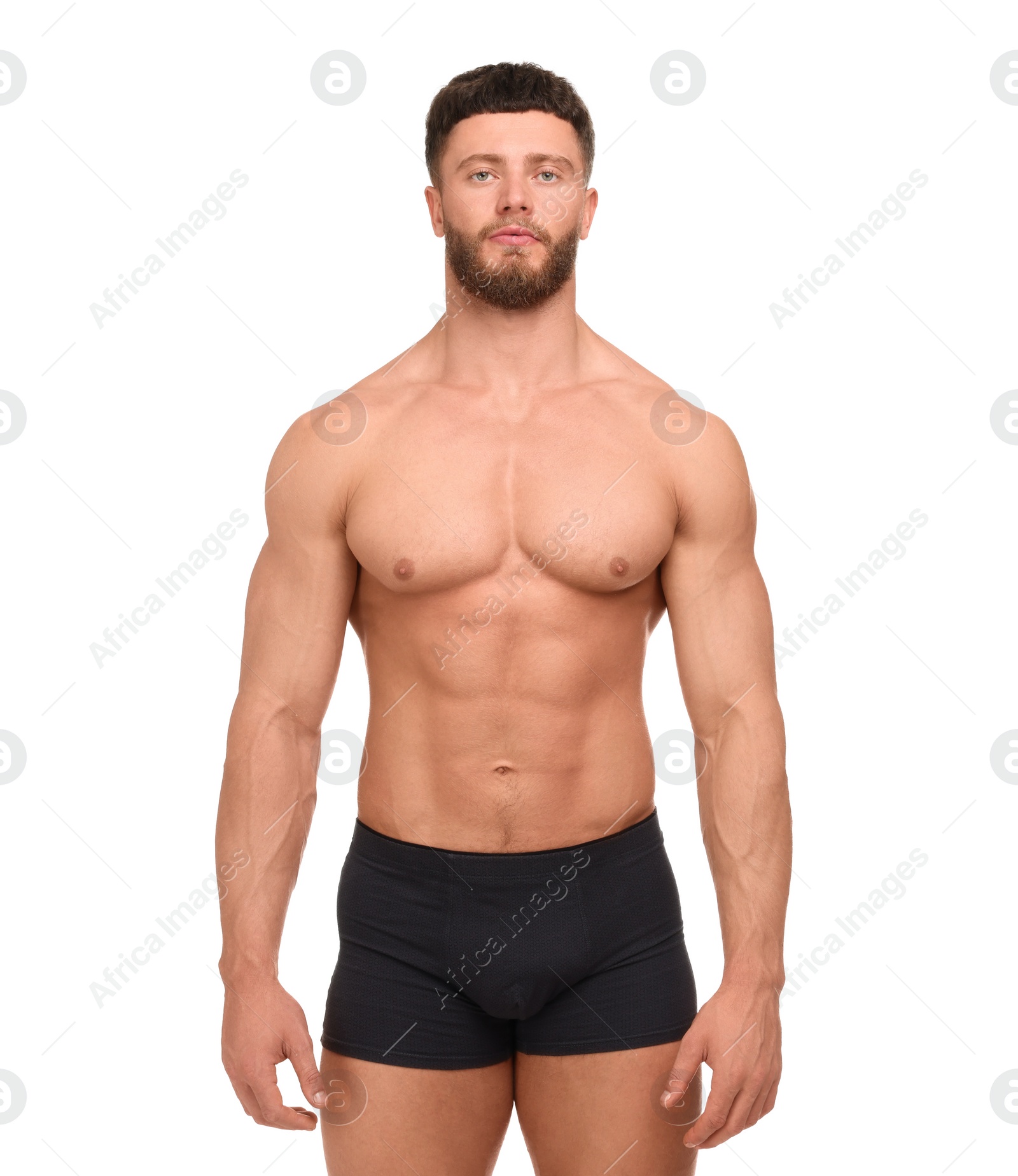 Photo of Handsome muscular man isolated on white. Sexy body