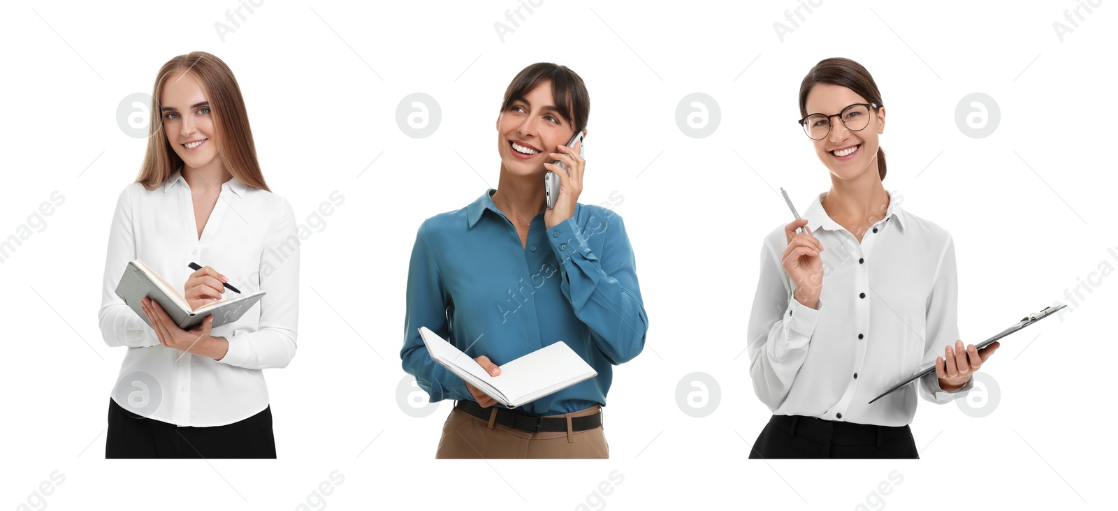 Image of Collage with photos of beautiful secretaries on white background