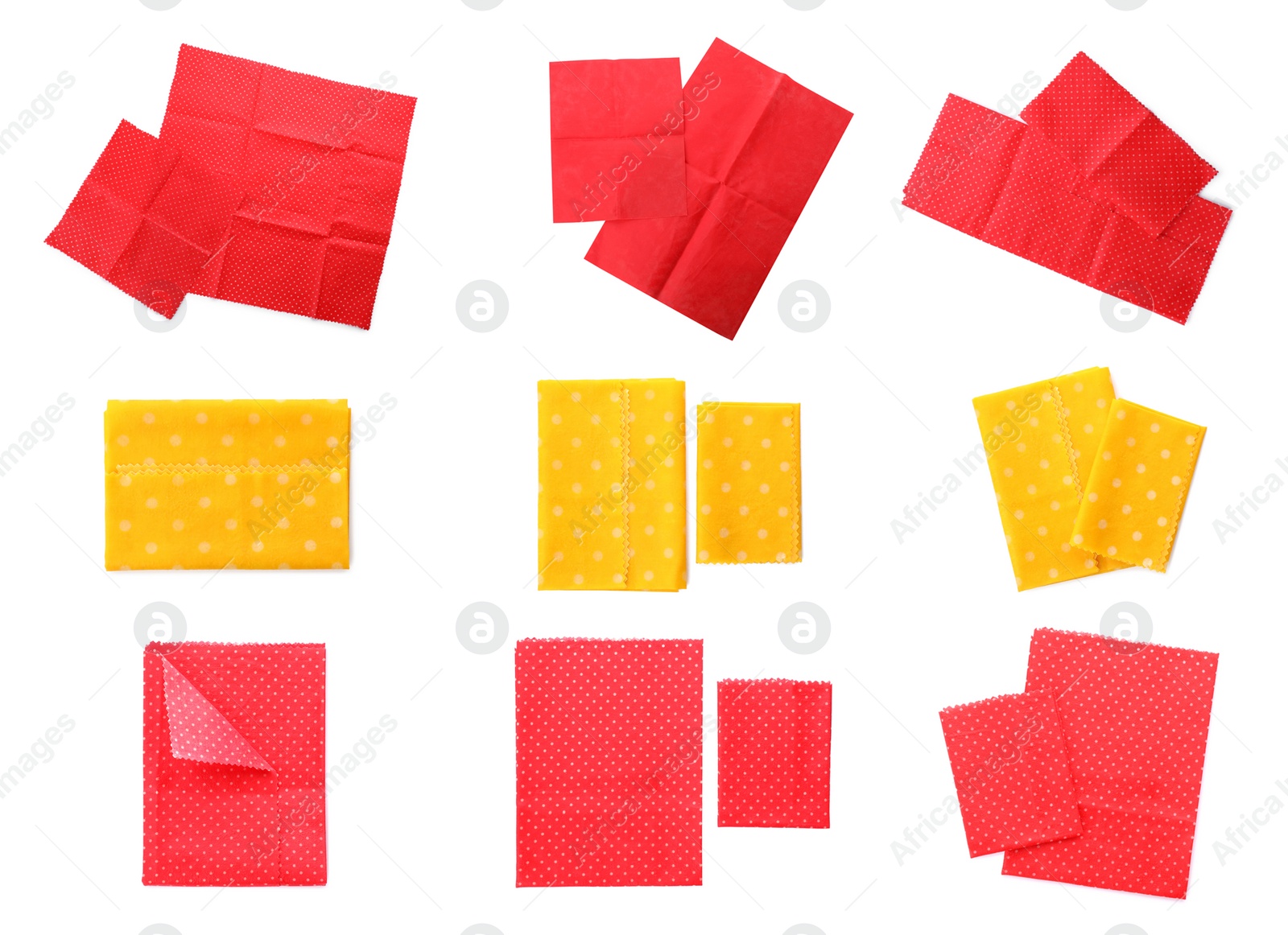 Image of Set of beeswax food wraps on white background, top view
