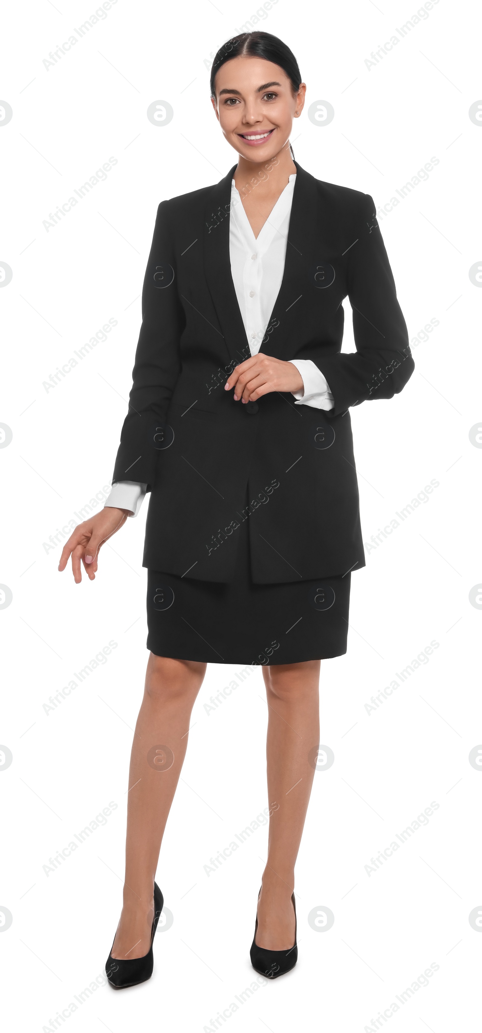 Photo of Full length portrait of hostess in uniform on white background