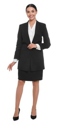 Photo of Full length portrait of hostess in uniform on white background