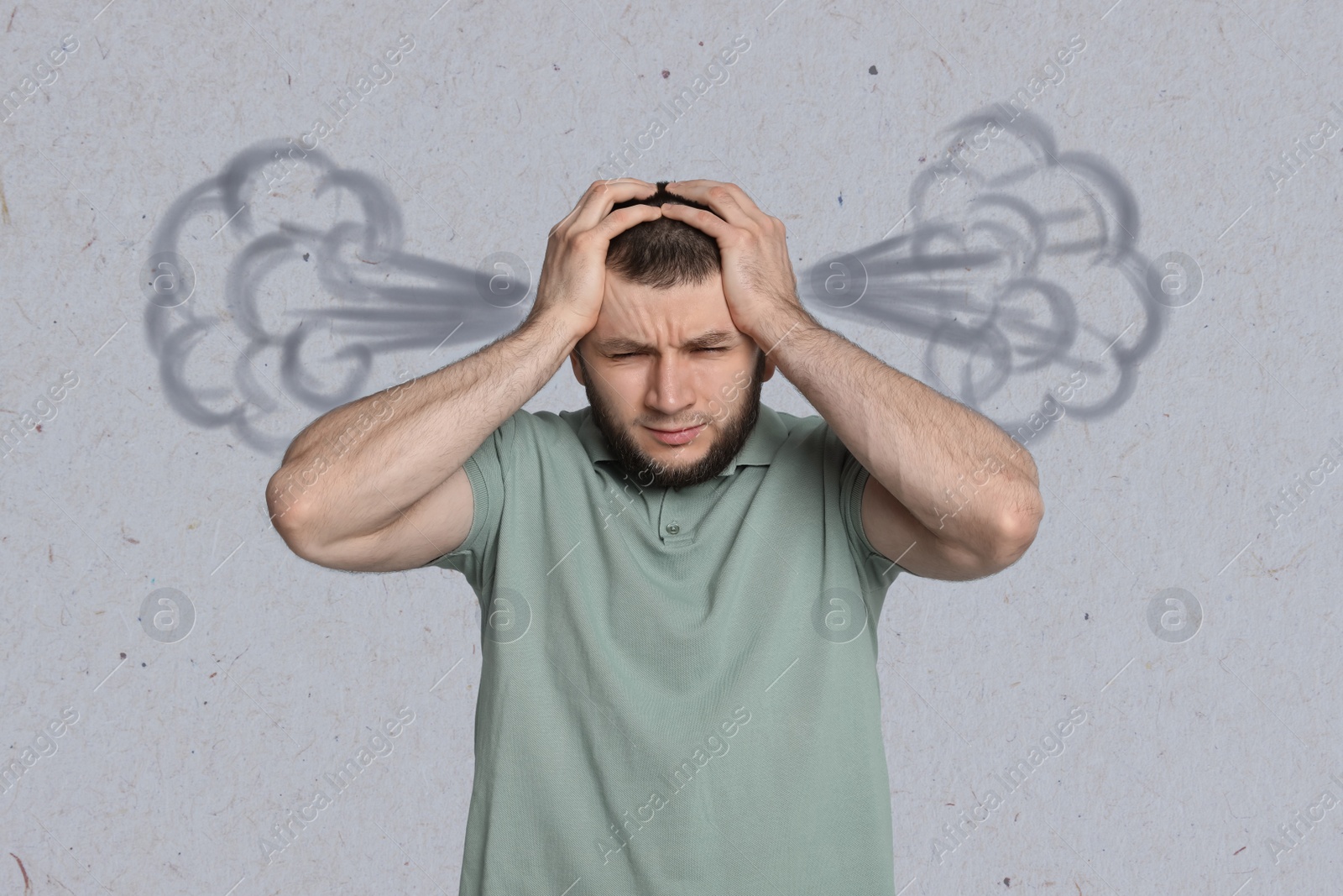 Image of Man having headache on light grey background. Illustration of steam representing severe pain