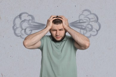 Man having headache on light grey background. Illustration of steam representing severe pain