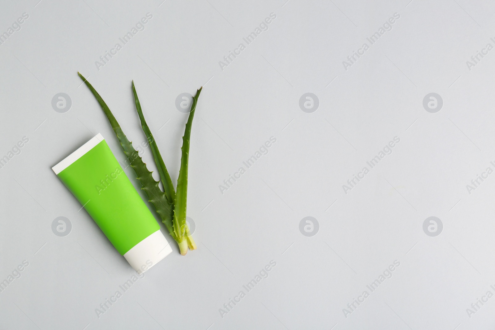 Photo of Tube of toothpaste and fresh aloe on light grey background, flat lay. Space for text