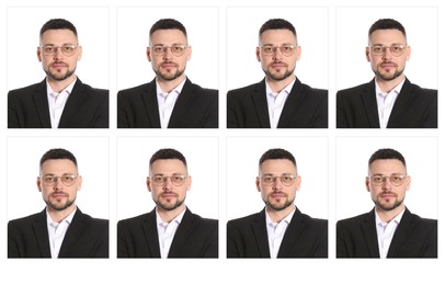 Image of Passport photo, collage. Man on white background, set of photos