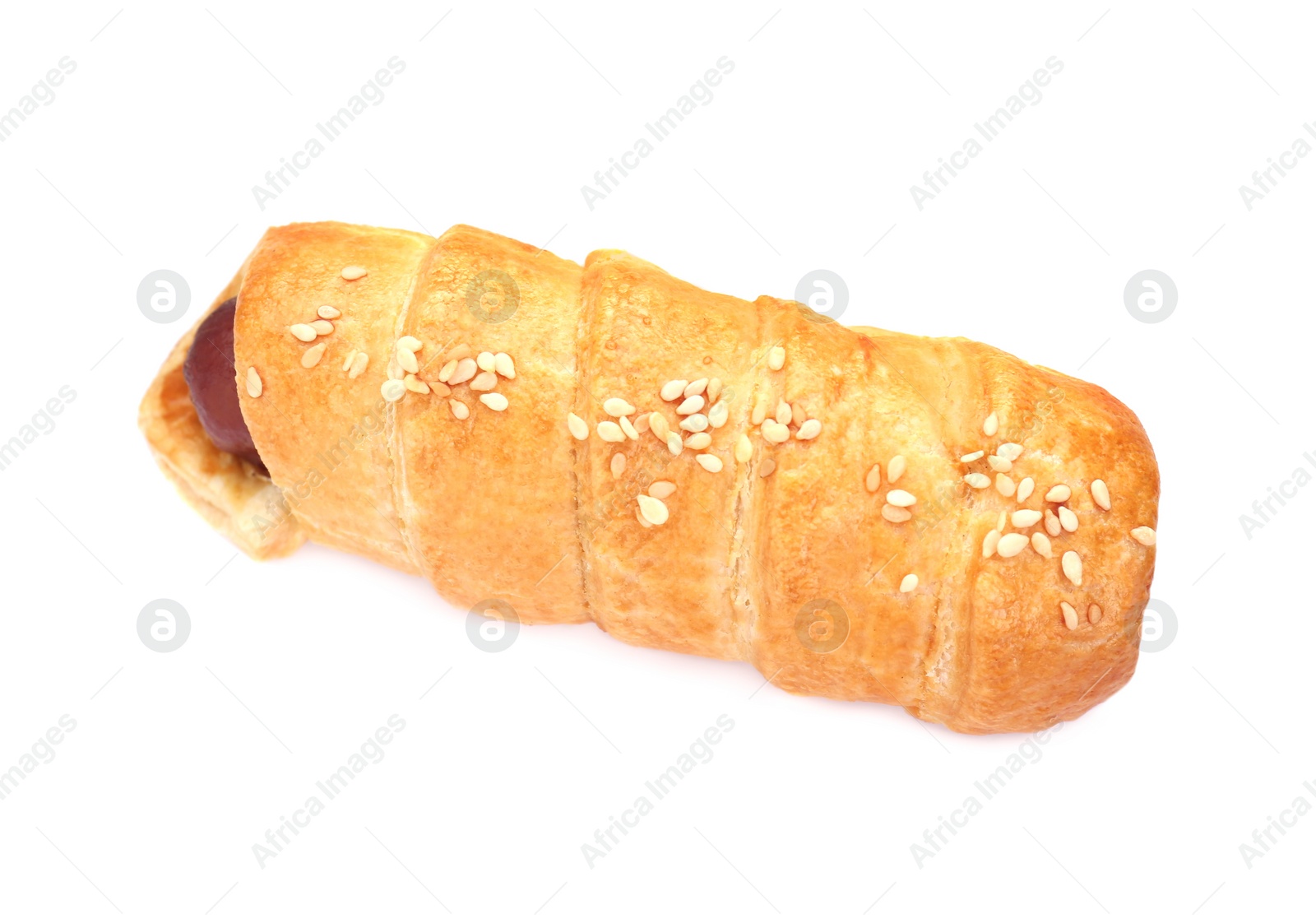 Photo of One delicious sausage roll isolated on white, top view