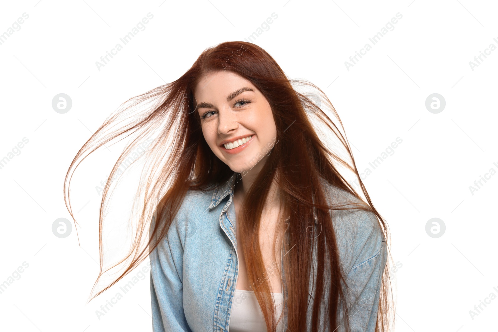 Photo of Portrait of smiling woman on white background