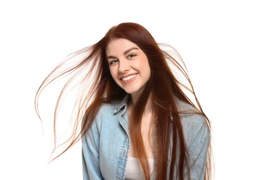 Portrait of smiling woman on white background