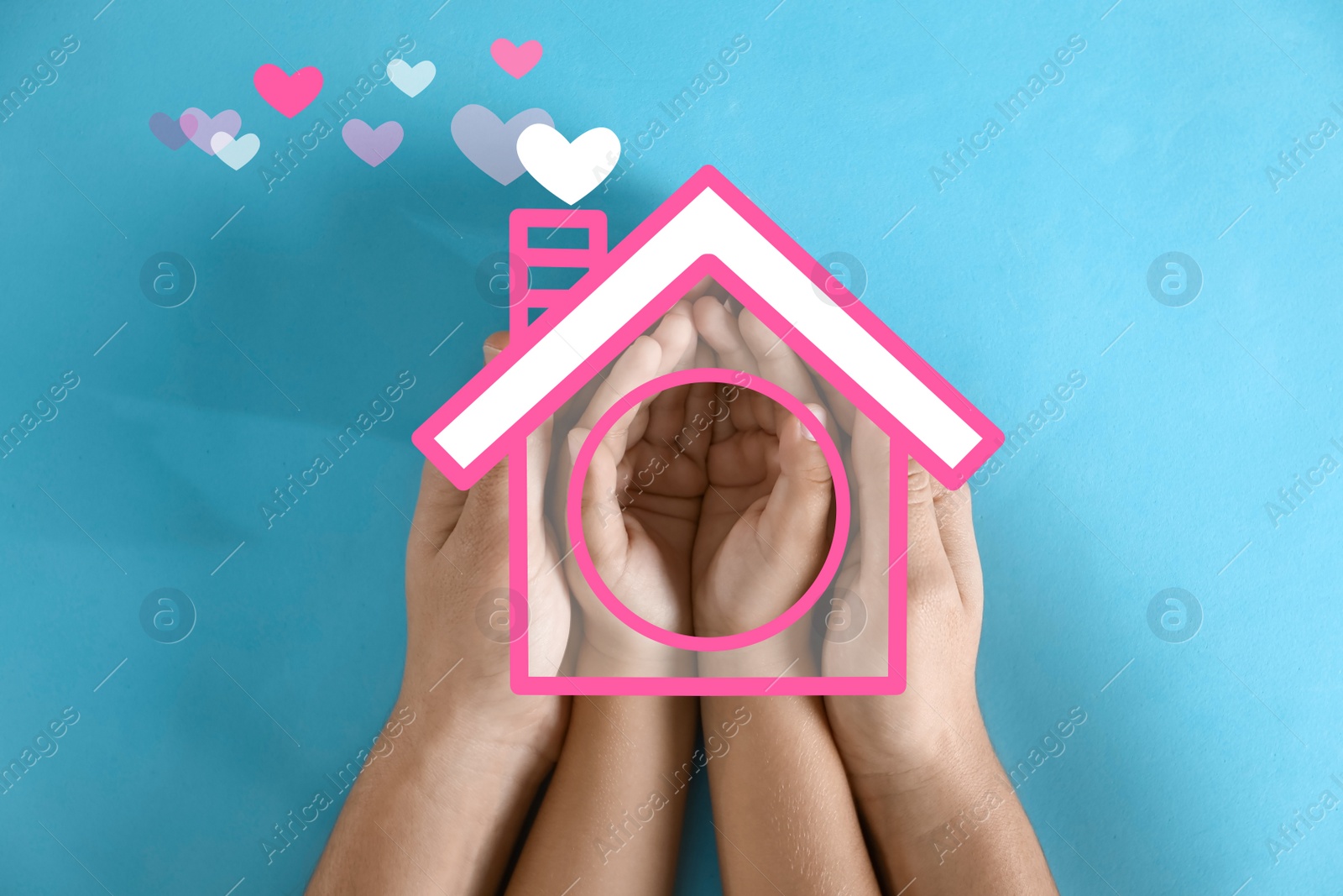 Image of Mother holding hands with child and illustration of house on blue background, top view. Adoption concept