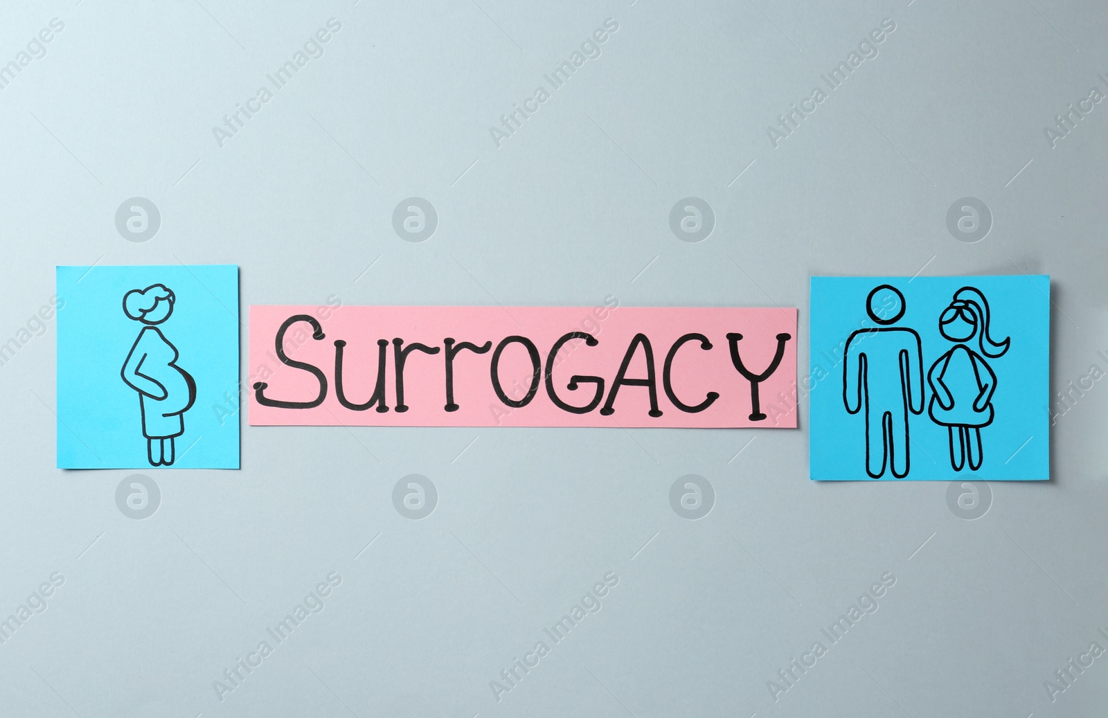 Photo of Paper notes with word Surrogacy and drawings on light grey background, flat lay