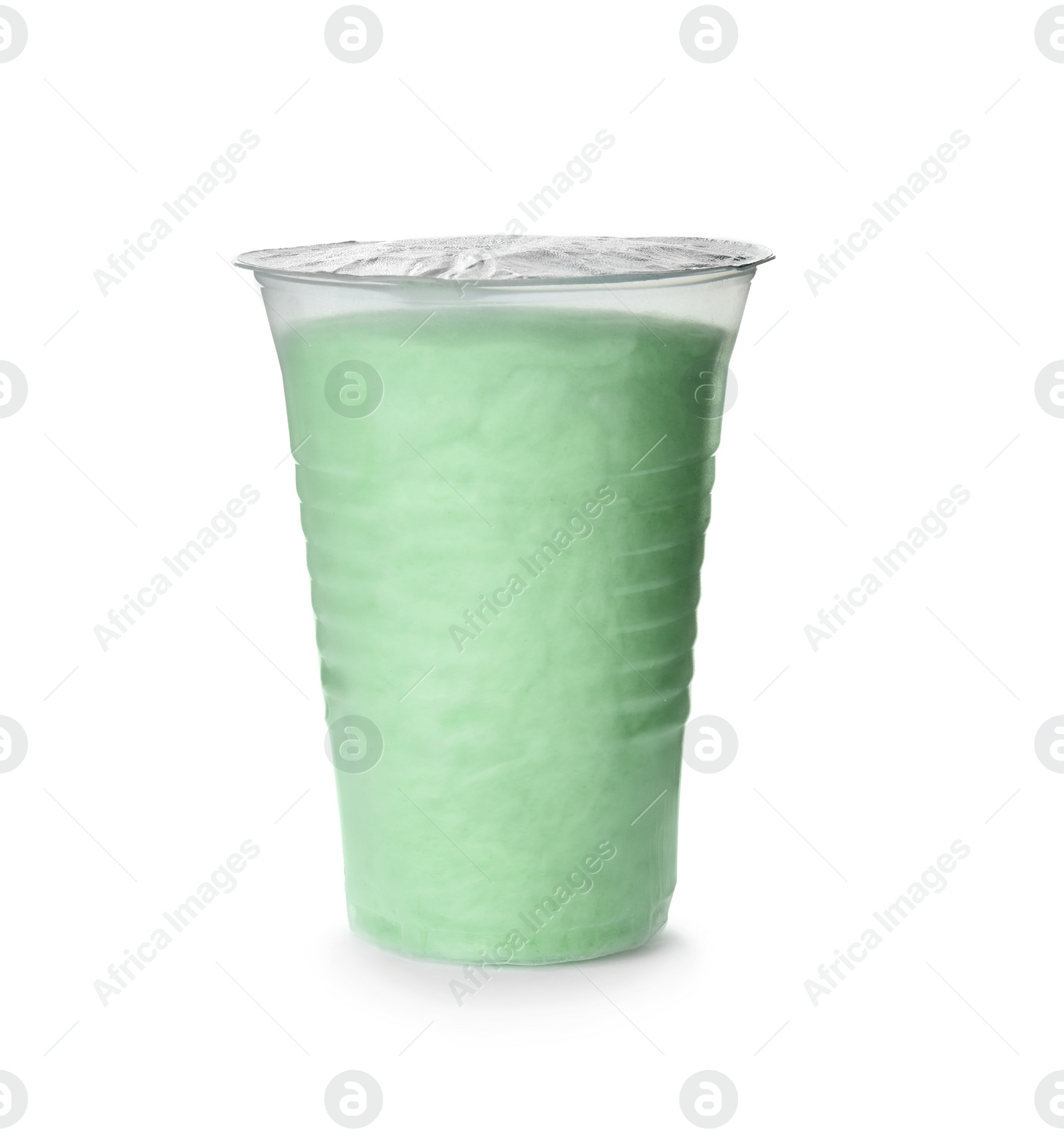 Photo of Yummy cotton candy in plastic cup on white background