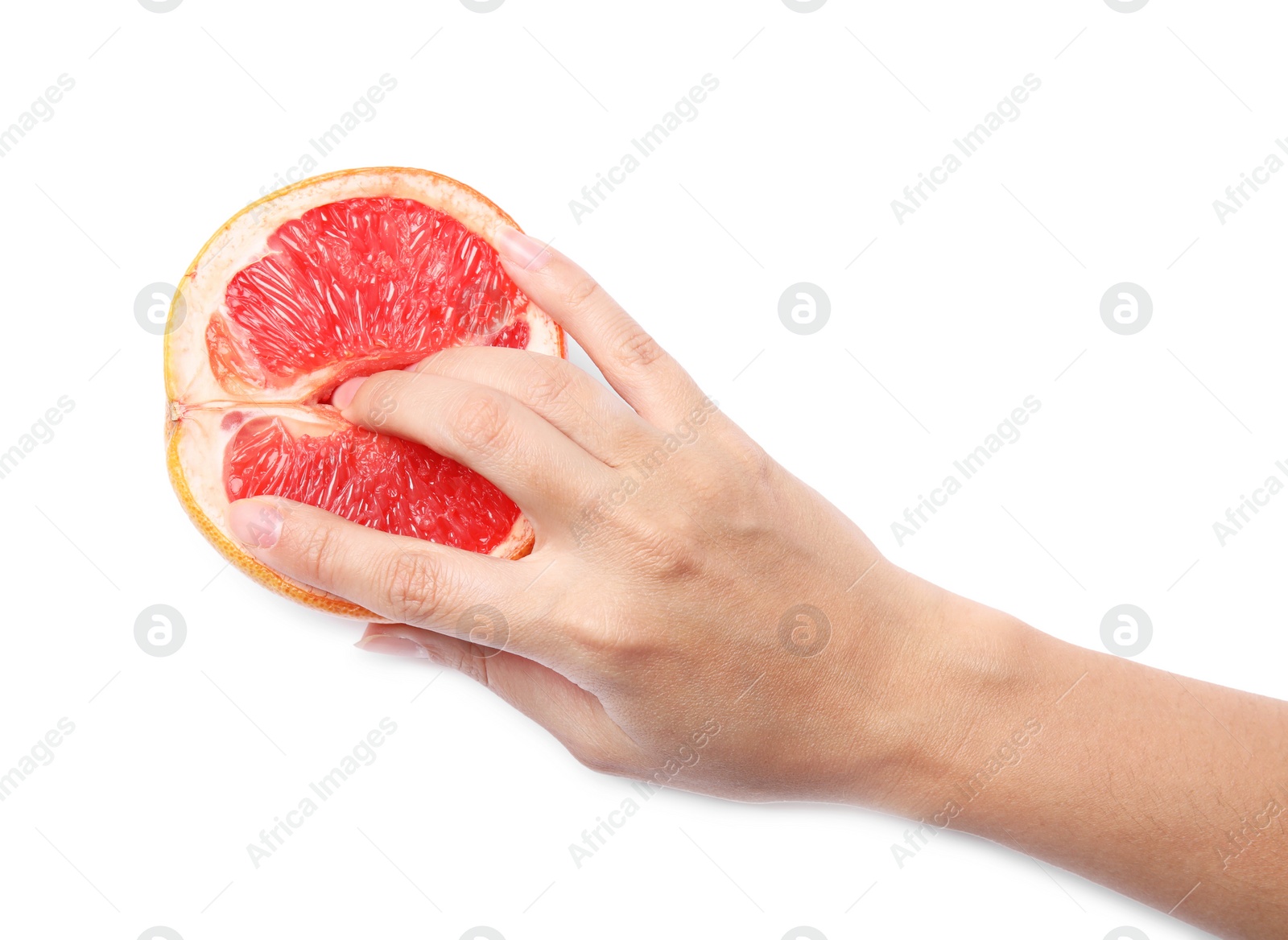 Photo of Young woman touching half of grapefruit on white background, top view. Sex concept