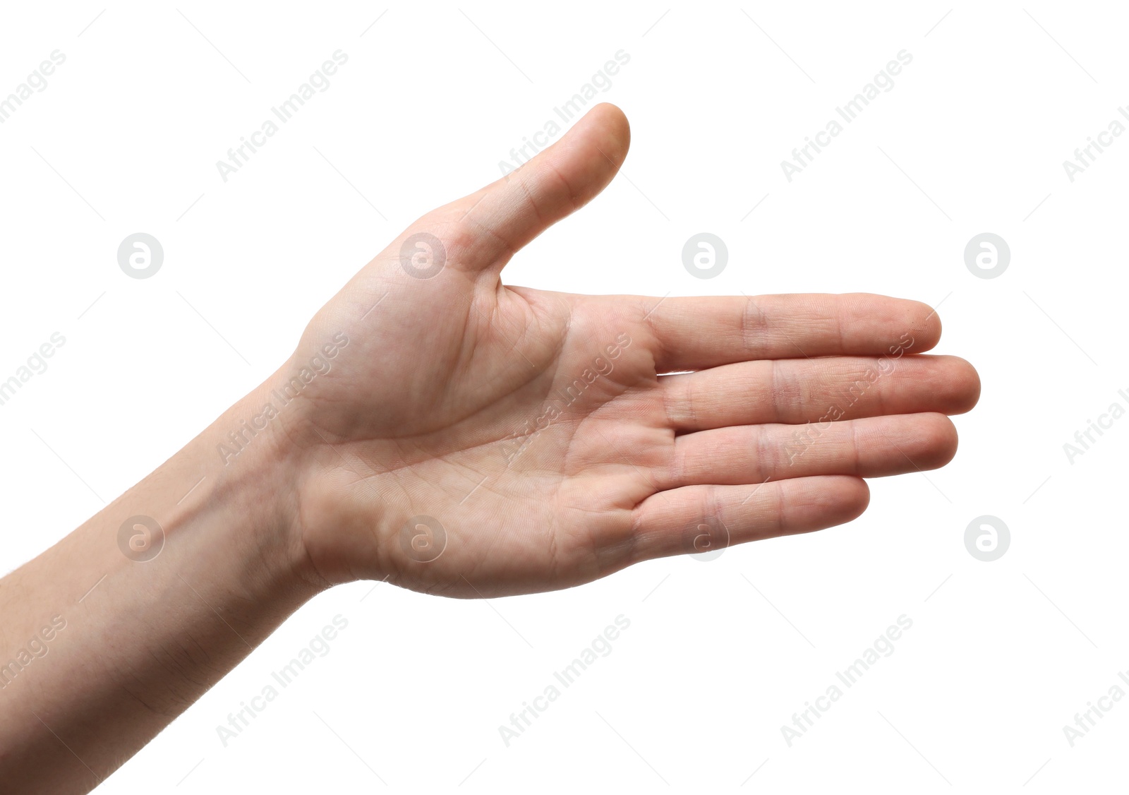 Photo of Man offering handshake on white background, closeup