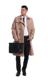 Photo of Businessman in trench coat with stylish leather briefcase on white background