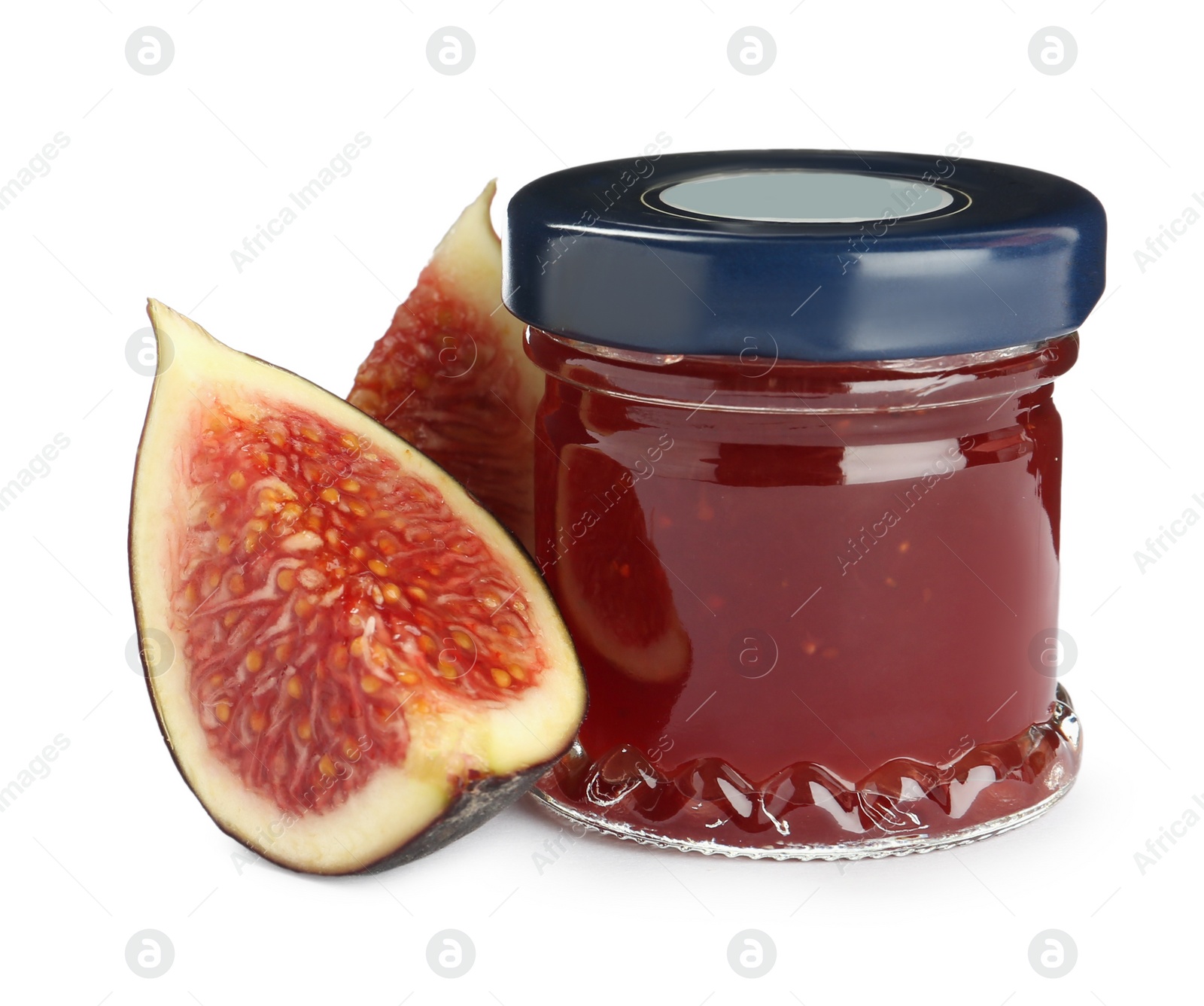Photo of Jar of sweet fig jam on white background