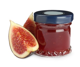 Photo of Jar of sweet fig jam on white background