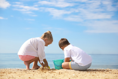 Little children playing on sea beach outside