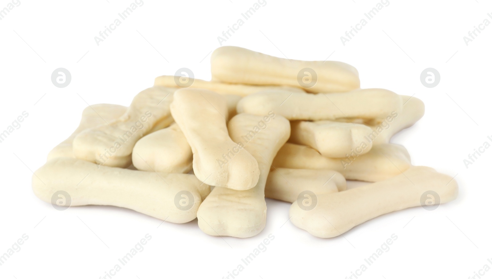 Photo of Bone shaped dog cookies on white background