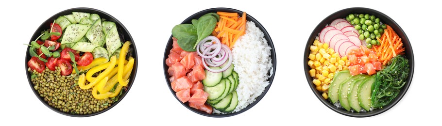 Set of different poke bowls isolated on white, top view