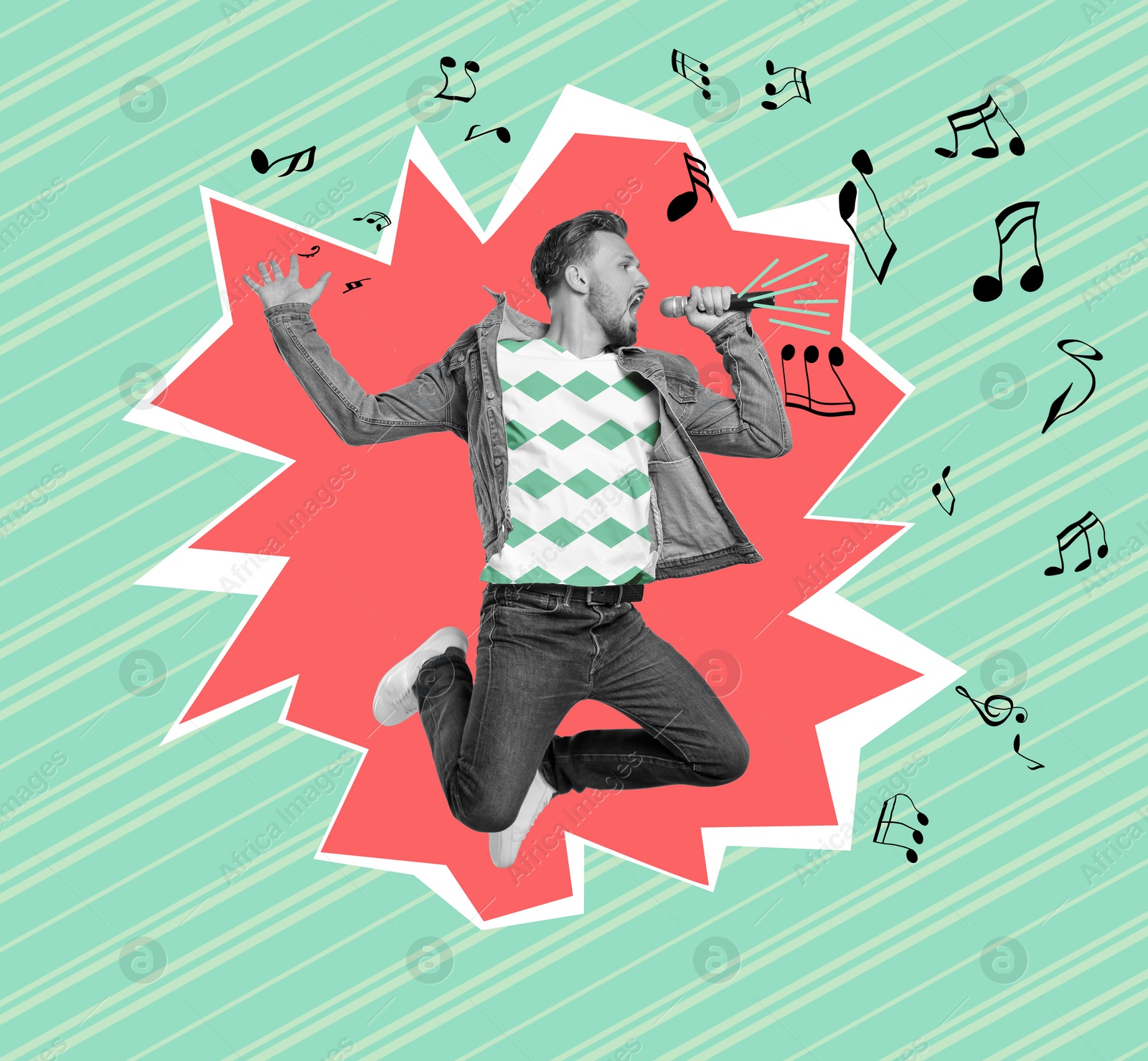 Image of Creative collage for performance poster with man singing and jumping on bright background