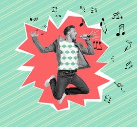 Image of Creative collage for performance poster with man singing and jumping on bright background