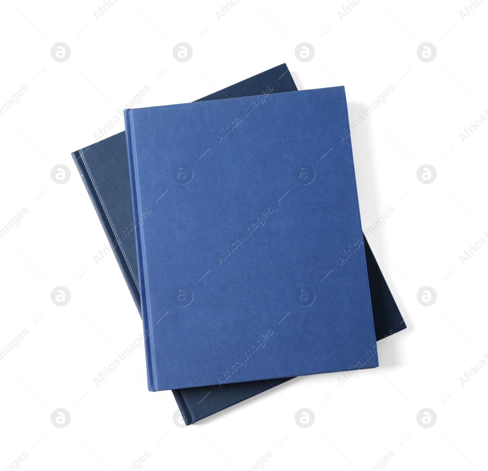 Photo of Hardcover books isolated on white, top view