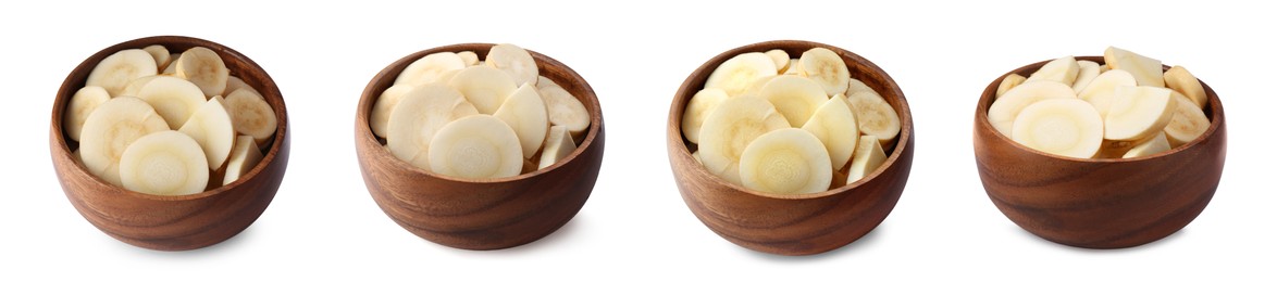 Set with cut parsnip in bowls on white background