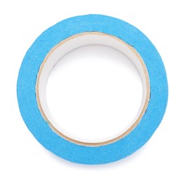 Photo of Roll of light blue adhesive tape on white background, top view