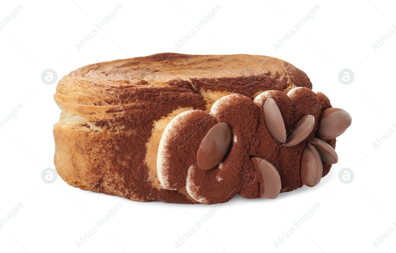 Photo of Round croissant with chocolate chips and cream isolated on white. Tasty puff pastry