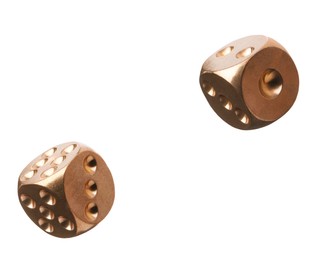 Image of Two golden dice in air on white background