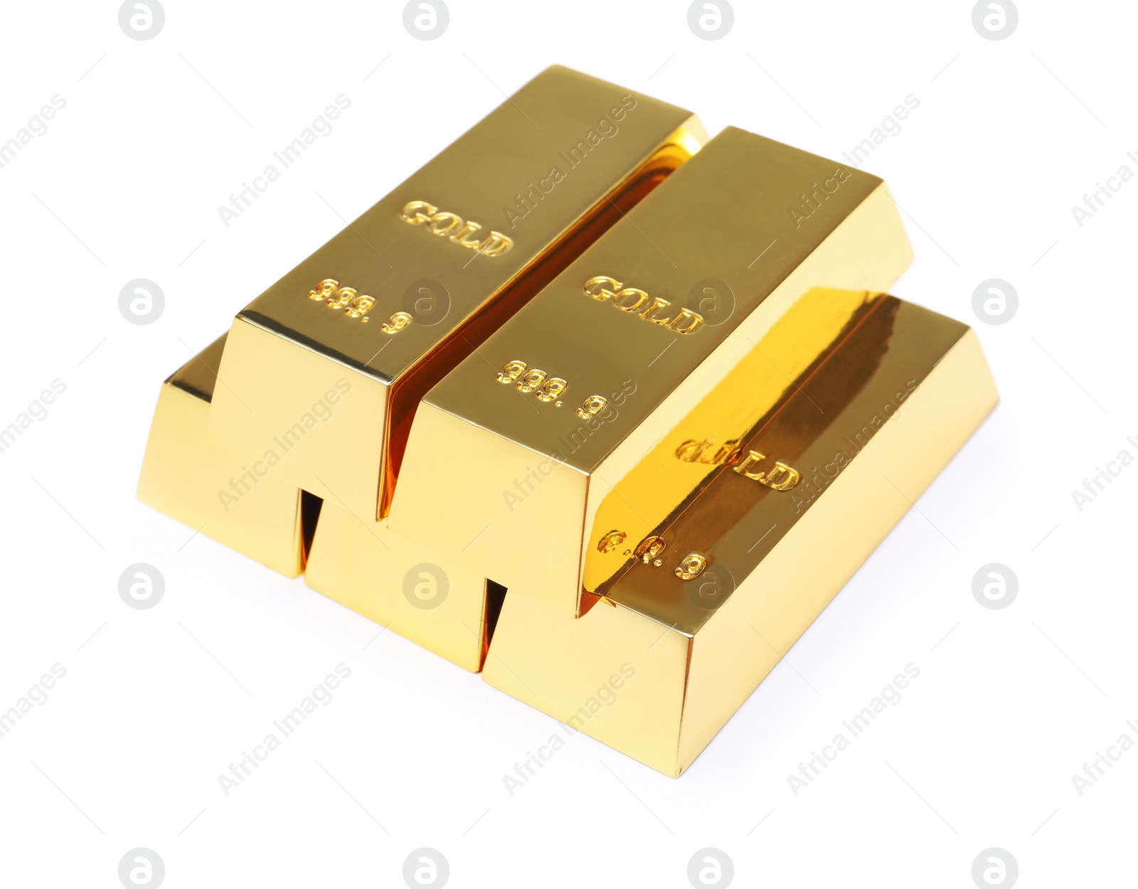 Photo of Precious shiny gold bars on white background