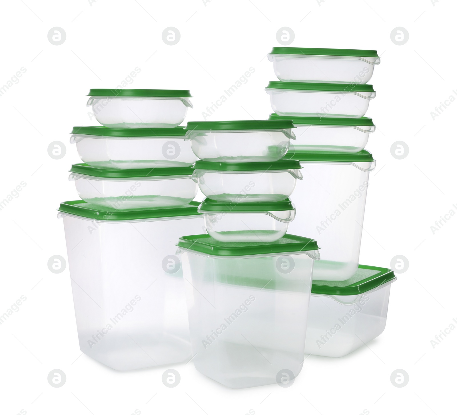 Photo of Set of empty plastic containers for food on white background