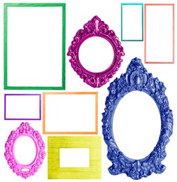 Collage with bright frames on white background