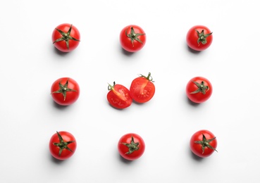 Photo of Fresh ripe cherry tomatoes on white background, top view