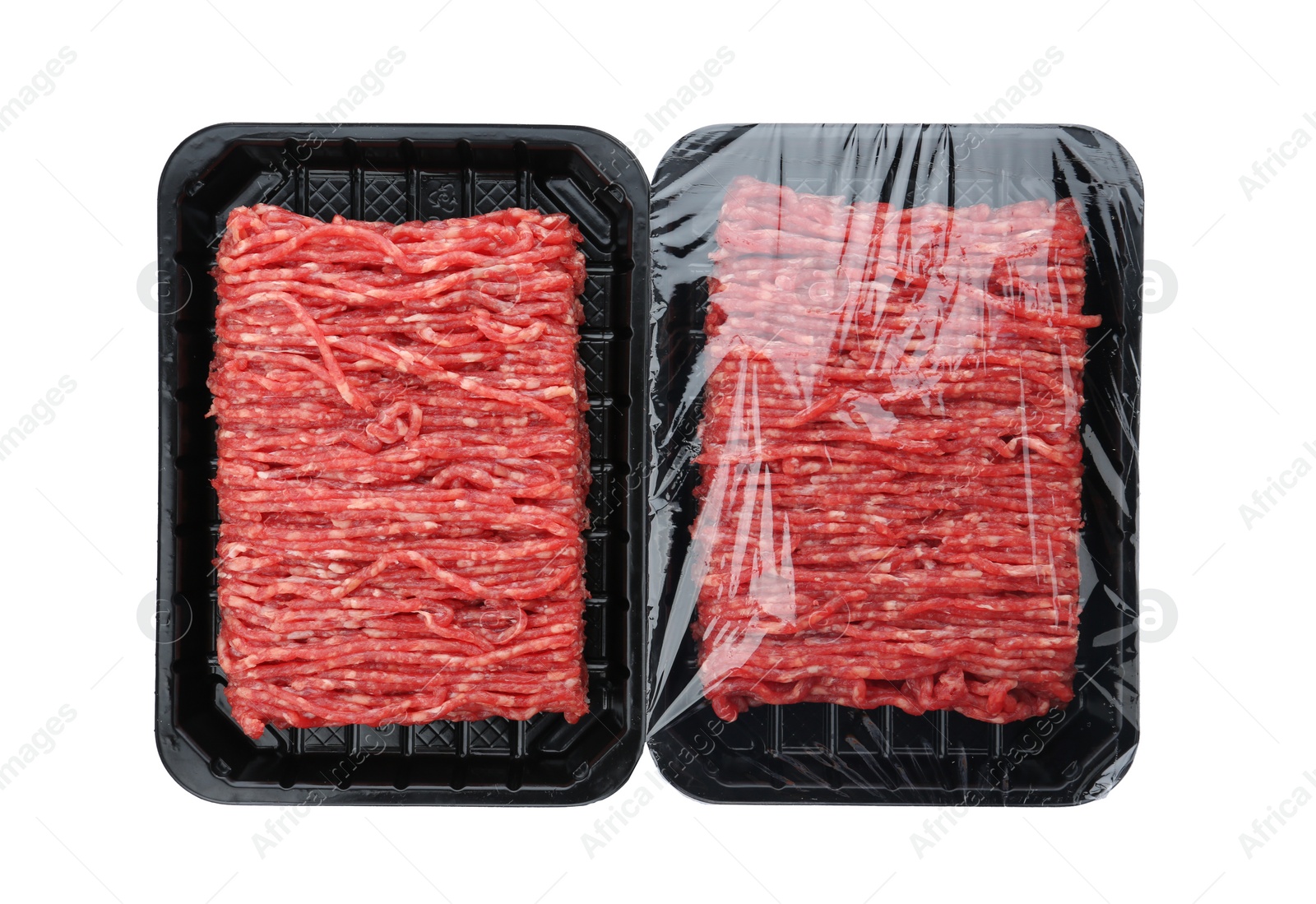 Photo of Fresh raw minced meat on white background, top view